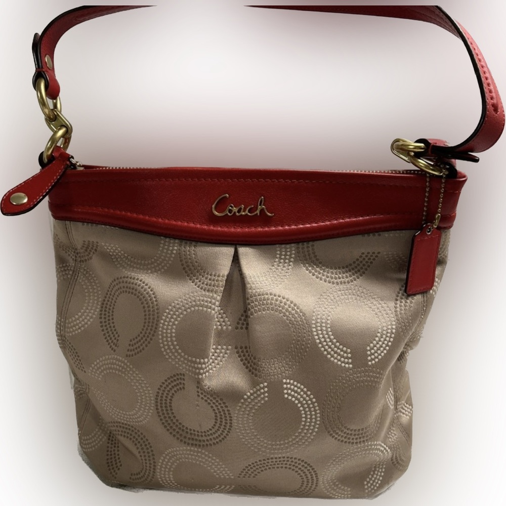 COACH Ashley Khaki Satin and Red Leather Trim and Strap